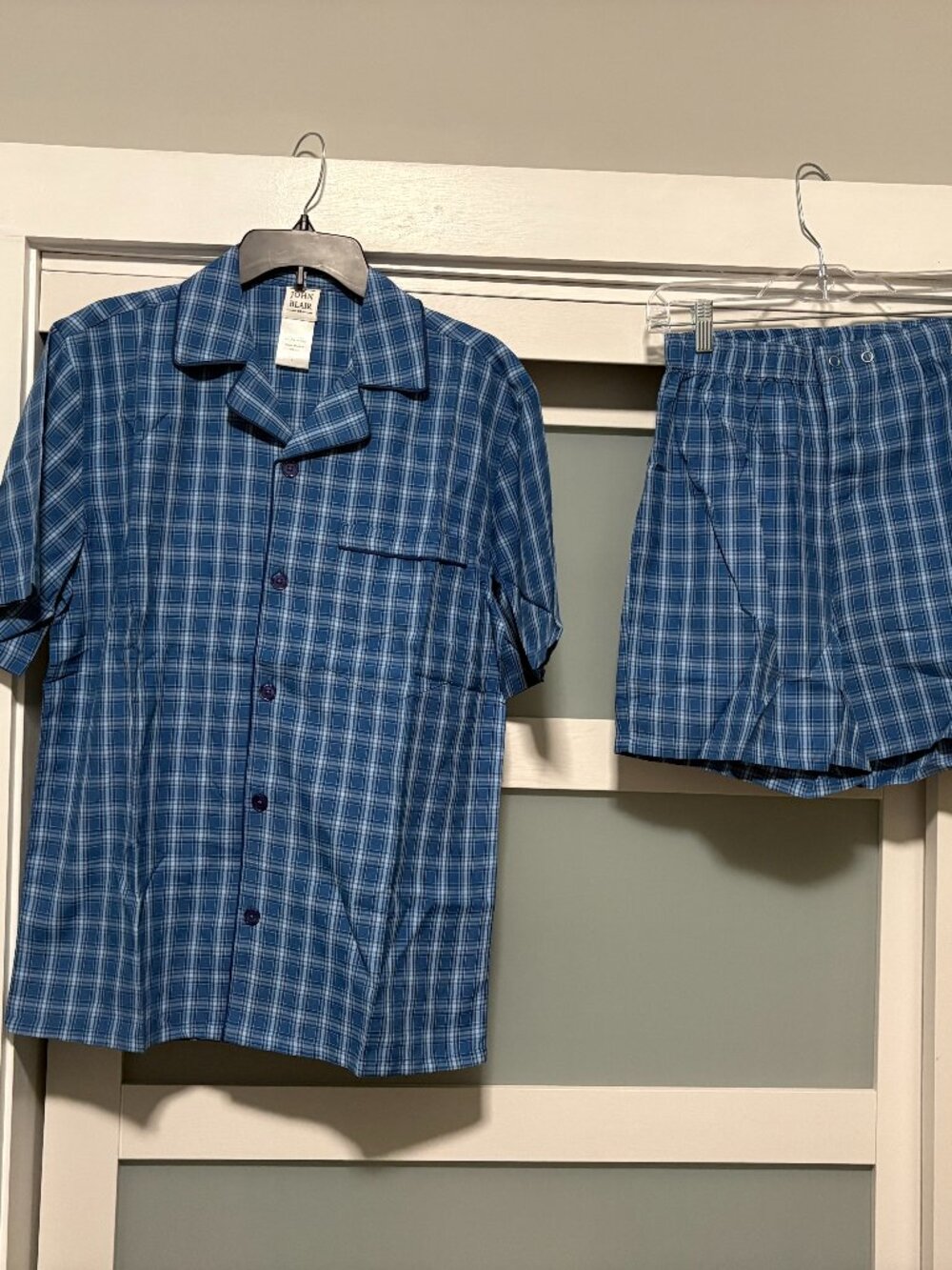 John Blair Men's 2 PC Matching Pajama Lounge Set Blue Plaid sz Small S NEW